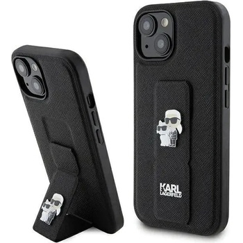 KARL LAGERFELD Кейс Karl Lagerfeld Gripstand Saffiano Karl&Choupette Pins за iPhone 15, черен (3666339206871)