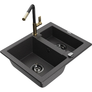 Mexen Carlos гранитна мивка с 1, 5 камери с кухненски смесител Flora, черен на (6518-76-670401-57-B)