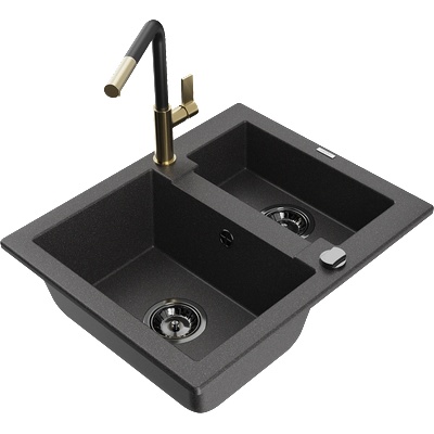 Mexen Carlos гранитна мивка с 1, 5 камери с кухненски смесител Flora, черен на (6518-76-670401-57-B)