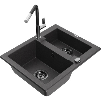 Mexen Carlos гранитна мивка 1, 5 камери с кухненски смесител Flora, черно пръскане - 6518-76-670401-07-B (6518-76-670401-07-B)