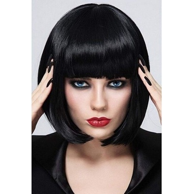 Mildiso Krátké Bob černé vlasy Paruky rovné s plochou ofinou Syntetické barevné Cosplay Denní párty