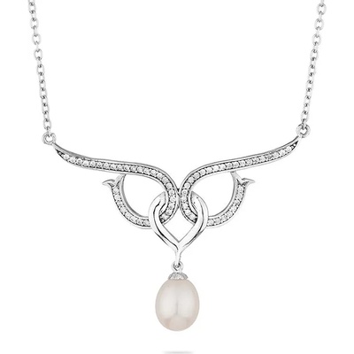 Swan Сребърно колие с висулка с бяла естествена перла и цирконий RT114NW Swan