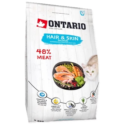 ONTARIO HAIR & SKIN Adult salmon chicken cat food - суха храна за котки, за лъскав косъм и козина, с пилешко месо и сьомга 2 кг, Чехия 213-10175
