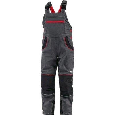 Cxs Pracovné nohavice s náprsenkou PHOENIX CASPER detské sivé s čiernymi a červenými