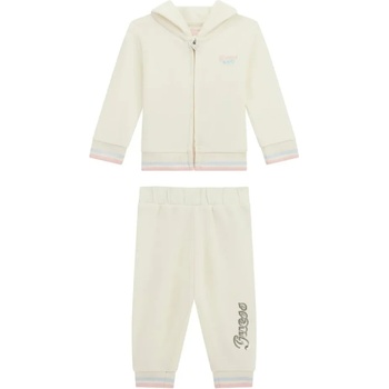 Guess Спортен екип за бебе момиче в мръсно бял цвят с качулка и надпис с пайети Guess