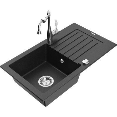 Mexen Pablo гранитна мивка с 1 отвор с отцедник и кухненски смесител Carla, черен/сребърен металик - 6510-73-670700-00 (6510-73-670700-00)