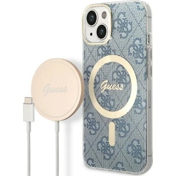 GUESS Комплект безжично зарядно устройство и кейс Guess GUBPP14SH4EACSB за iPhone 14 6.1"", син / син, твърд, съвместим с MagSafe, 4G Print (GUE002556-0)