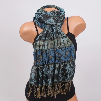 Дамски шал с набран ефект и ресни в синьо и черно