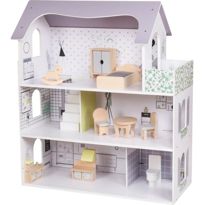 Baby Mix Drevený domček pre bábiky s nábytkom Rose Montessori