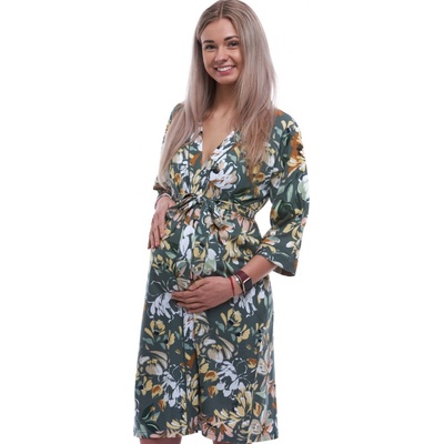 Lehký župan do porodnice na kojení s moderním vzorem pivoněk ve žluté hnědé šedé a bílé 1G0692 zelená