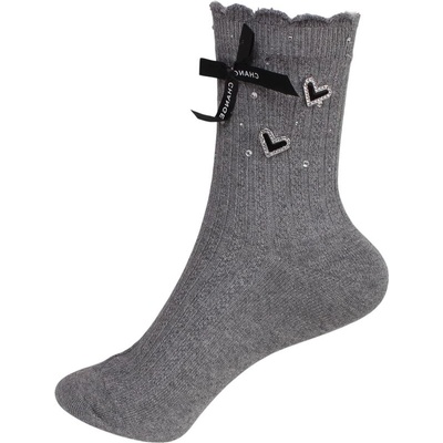 Дамски чорапи в сиво с камъчета, сърца и панделка