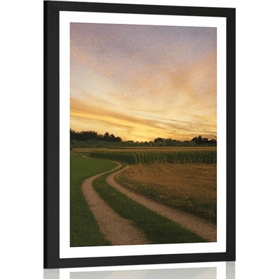 Plakát s paspartou zapadající slunce nad krajinou - 40x60 black