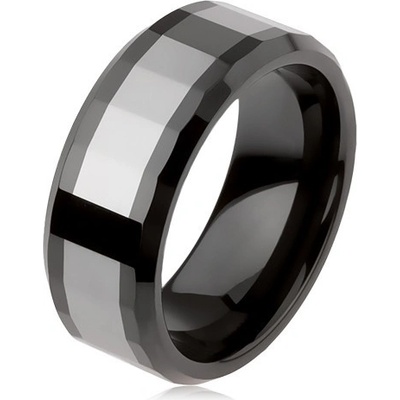 Šperky eshop lesklý wolframový prsten dvoubarevný geometricky broušený povrch AB34.05