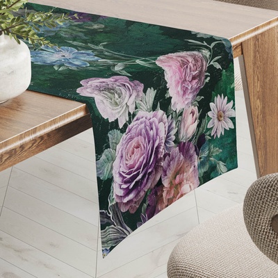 Biante Dekoračný behúň Parma PM-114 Fialové kvety na tmavo zelenom 45x180 cm