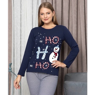 Коледна пижама в тъмносиньо и райе със снежен човек