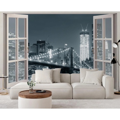 Gario Fototapeta Okno - New York City Brooklyn Bridge v čiernej a bielej farbe Materiál: Vliesová, rozmery 140 x 100 cm