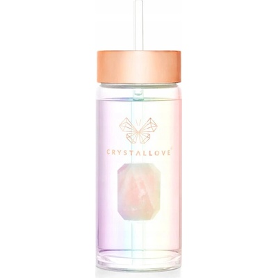 CRYSTALLOVE Skleněná lahvička na vodu s růženínem a brčkem 400ml - holo