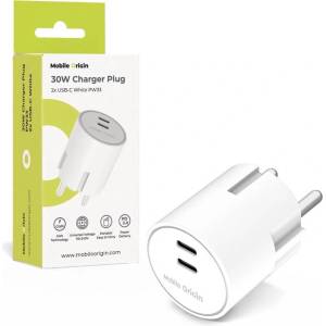 Mobile Origin Захранване за ел. мрежа с 2xUSB-C изхода и с технология за бързо зареждане - Mobile Origin PW33 GaN Dual PD Fast Wall Charger 30W (бял) (MO-PW33-WHT)