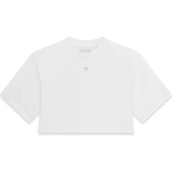 GUESS Къса бяла тениска за момиче с надпис от камъни Guess
