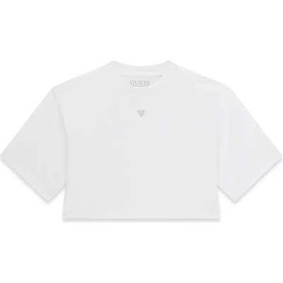 GUESS Къса бяла тениска за момиче с надпис от камъни Guess