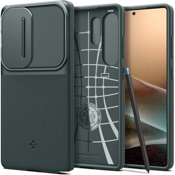 Spigen Optik Armor Case - тънък качествен силиконов (TPU) калъф с капак за камерата за Samsung Galaxy S25 Ultra (зелен)