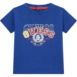 GUESS Синя тениска за бебе момче с надпис Guess в бяло, червено и жълто