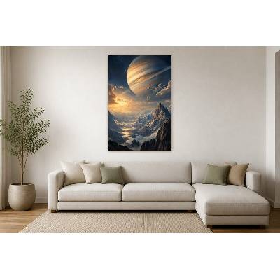 Obraz na plátně – Prstencová planeta nad horským údolím 90 × 135 cm