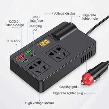 Инвертор преобразувател от 12/24 V на 220 V, 200W , цифров дисплей, 4 x USB, Type C, QC 3.0 30W, изход 12 V