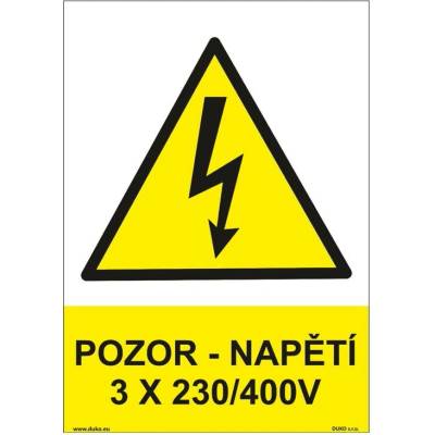 DUKO POZOR - NAPĚTÍ 3 X 230/400 V Formát: 105 x 148 mm, Materiál: samolepící vinylová fólie