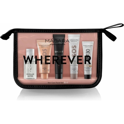 MÁDARA Wherever Cestovní Beauty sada 5 v 1 (Micelární voda 50 ml + maska Hydra 17 ml + krém Hydra Recharge 15 ml + opalovací krém na obličej 10 ml)