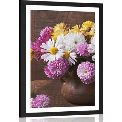 Plakát s paspartou zátiší s podzimními chryzantémy - 30x45 white
