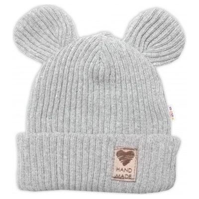 Baby Nellys Pletená bavlněná čepice s oušky dvouvrstvá Hand Made šedá
