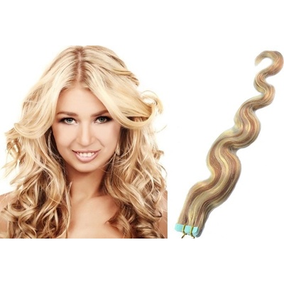Vlasy pro metodu Pu Extension / TapeX / Tape Hair / Tape IN 60cm vlnité - platina / svetlo hnedá