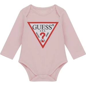 Guess Розово боди с дълъг ръкав за новородено момиче с червено лого Guess