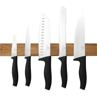 Berlinger Haus BH-2942 Black Rose Collection Комплект ножове от 6 части с магнитна кука от акациево дърво - Черно, розово злато (BH-2942)