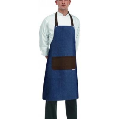 Egochef zástěra Rock ke krku s kapsou Jeans Brown E-6113009F