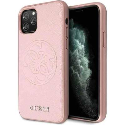 GUESS Saffiano 4G Circle Logo Leather Hard Case - дизайнерски кожен кейс за iPhone 11 Pro (розово злато)