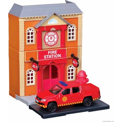 Bburago Accessories Diorama Set Fire Station With Volkswagen Amarok Pick-up 2009 Red 1:43