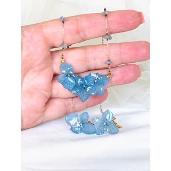 Meganflo Комплект бижута от сини хортензии със стомана, позлата и ахат