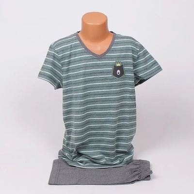 Детска памучна пижама в сиво и зелено с райе