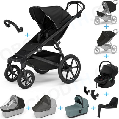 Thule Set 10v1 Urban Glide 4-wheel Black 2024 + madlo + korba Mid blue + pláštěnky a moskytiéry Thule + Autosedačka Thule Maple Black s ISOFIX základnou Thule Alfi a adaptéry