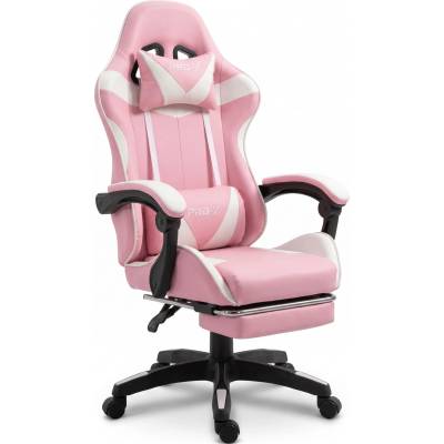 PRO-X Goborelax Геймърски стол с подложка за крака, масажна функция - бяло-розово (bm028)