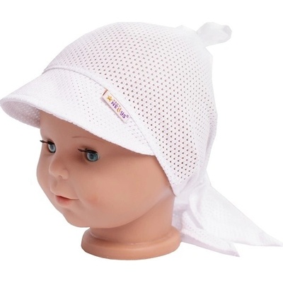 Baby Nellys detská sieťkovaná šatka so šiltom na zaväzovanie Uzlík biela