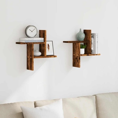 vidaXL Стенни рафтове, 2 бр, опушен дъб, 38x12x38 см, инженерно дърво (853249)