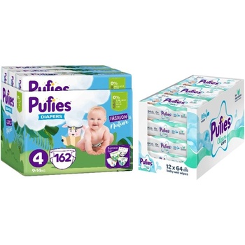 pufies Бебешки пелени Pufies Fashion & Nature - Размер 4, 9-14 kg, 162 броя + мокри кърпи Pufies Clean Care, 12 х 64 броя (3800024036002+13800024027540)