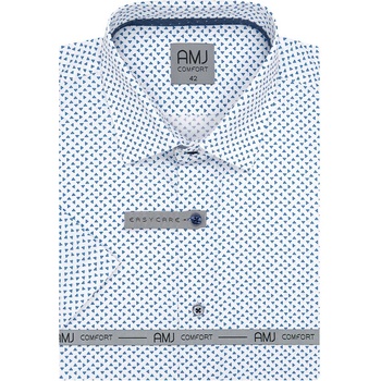 AMJ pánská košile bavlněná krátký rukáv regular fit s modrými trojúhelníky bílá VKBR1148