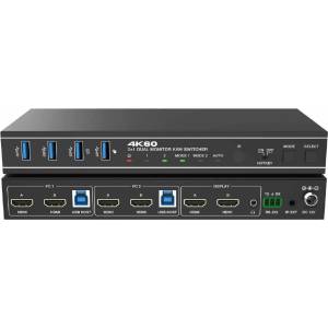 EVOCONNECT KVM Суич 2x1, Двоен HDMI 4K@60 Монитор, 18Gbps, HDCP2.3, HDR/HDR10/HDR10+/Dolby Vision, с RS232 и дистанционно управление (2port_DualHDMImonitor_KVMswitch4K60)