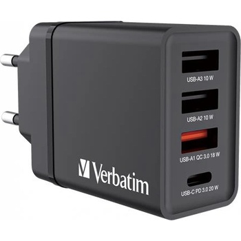 Verbatim Мрежово зарядно устройство, 1xUSB-C PD (20W), USB-A QC 3.0, 2xUSB-A (10W), VERBATIM, черно 49700 (49700)