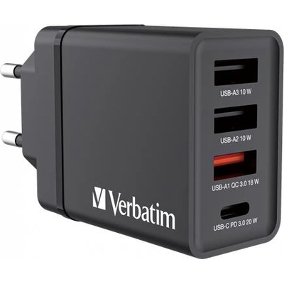 Verbatim Мрежово зарядно устройство, 1xUSB-C PD (20W), USB-A QC 3.0, 2xUSB-A (10W), VERBATIM, черно 49700 (49700)