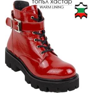 Български обувки Червени дамски боти от естествена лачена кожа 20343